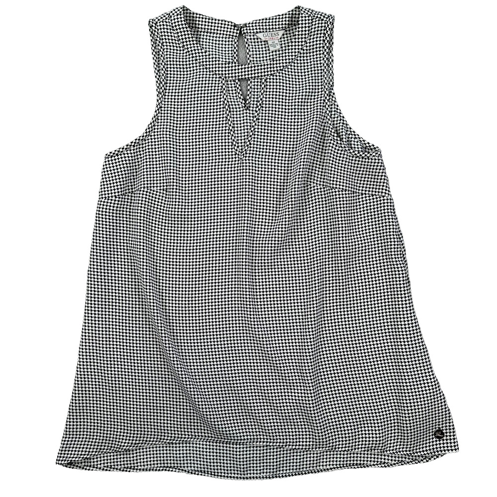 Guess Houndstooth Sleeveless Blouse Women's Small Black/White Keyhole Top